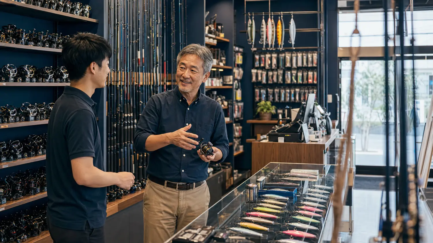 釣具店の店内でオーナーとスタッフが話す写真